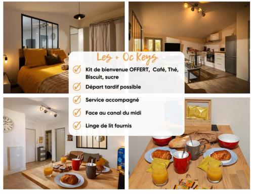 un collage de photos d'une pièce avec une table et de la nourriture dans l'établissement Le refuge du canal Local à vélo Face canal du midi, à Castelnaudary