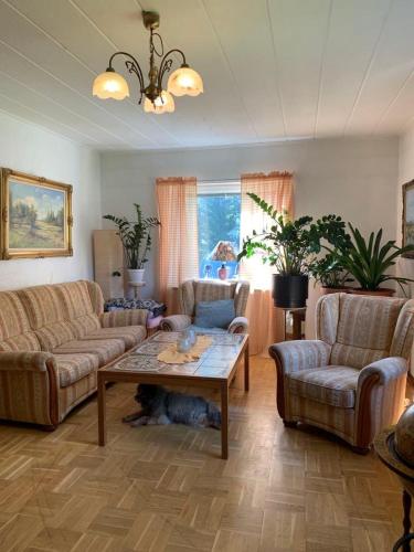 a living room with two couches and a coffee table at Fjällnära Villa i Vidsel in Vidsel