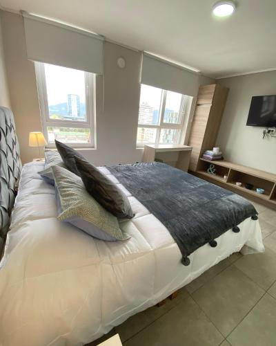 a bedroom with a large white bed with pillows at Cómodo departamento en el centro de Temuco in Temuco