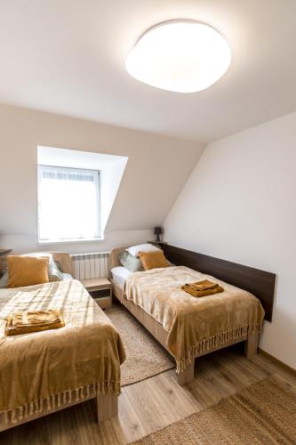 a bedroom with two beds and a large window at Mátravölgy Apartmanház in Pásztó
