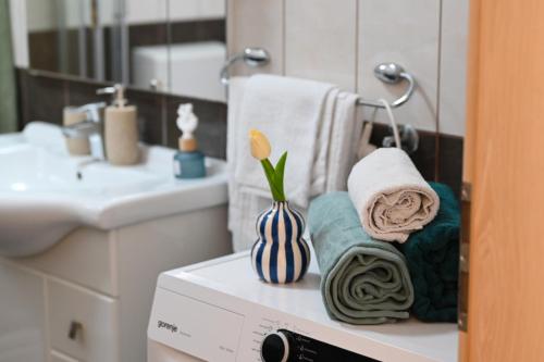 a bathroom with towels on top of a washing machine at Apartment Leonora in Vinišće