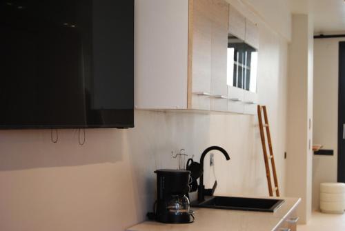 a kitchen with a sink and a coffee maker on a counter at Vaios Luxury Apartments in Polykhrono