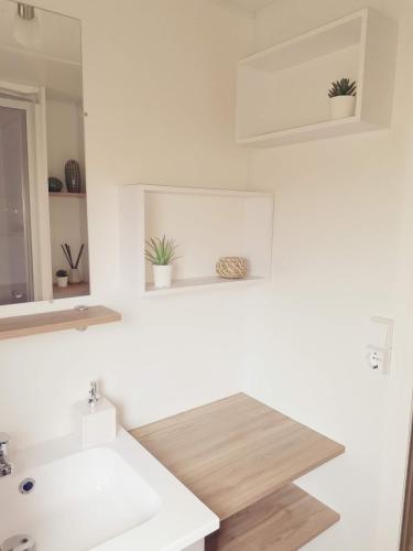 une salle de bain blanche avec un lavabo et un miroir dans l'établissement MOBIL HOME confort et charmant, à Saint-Julien-en-Born