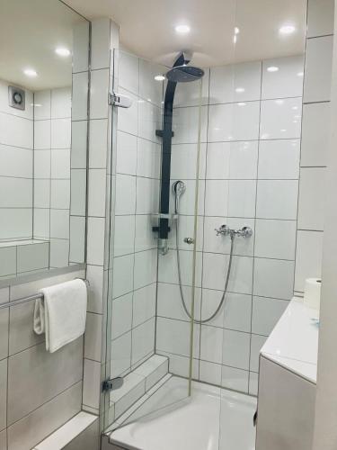 a shower with a glass door in a bathroom at La Frontiera Hotel & Eventlocation - idyllisch, nah' der Schweiz - zum Rheinfall bei Schaffhausen in Tengen