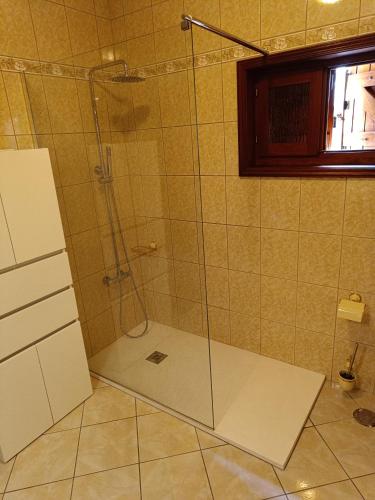 a shower with a glass door in a bathroom at Casa Amarela da Caniçada in Vieira do Minho