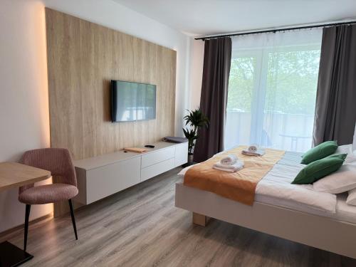 a bedroom with a bed and a tv on a wall at Apartments Martino in Olomouc