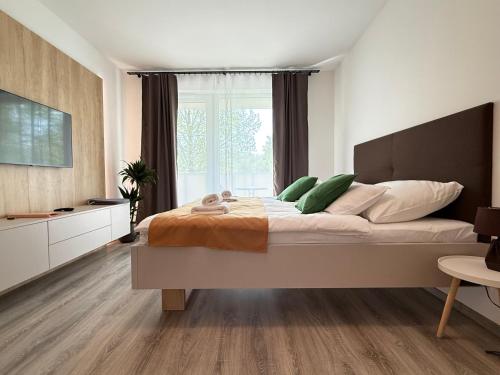 a bedroom with a large bed and a large window at Apartments Martino in Olomouc