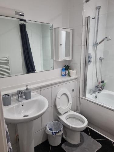 Un baño blanco con lavabo e inodoro. en Birmingham Apartment, en Birmingham