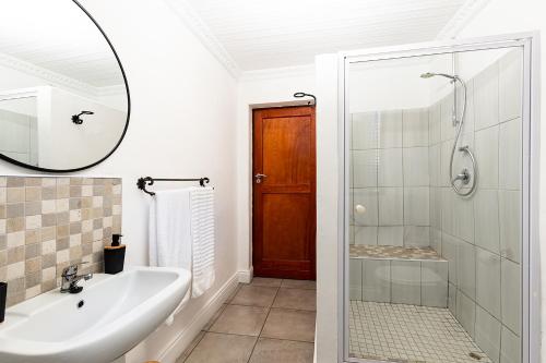 a bathroom with a sink and a shower and a mirror at Fungamukaba Sanctuary in Mossel Bay