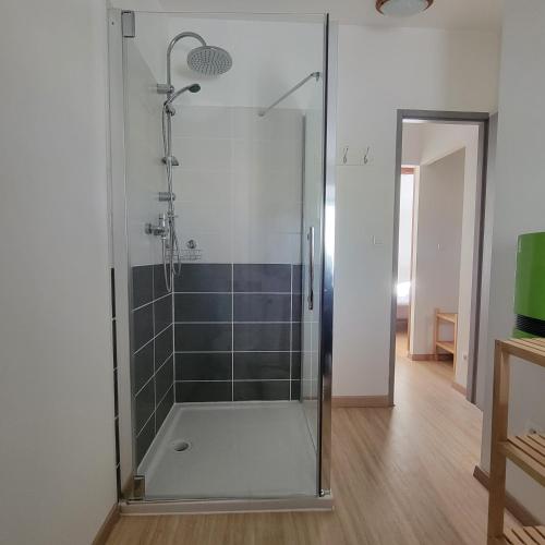 une douche avec une porte vitrée dans une salle de bain dans l'établissement Les Fenals, à Fitou