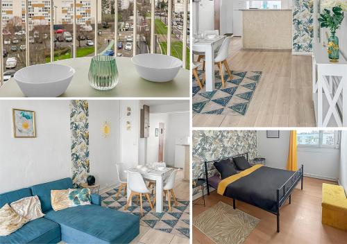 un collage de photos d'une chambre avec un lit et un salon dans l'établissement Lumineux avec balcon & confort familial, au Havre