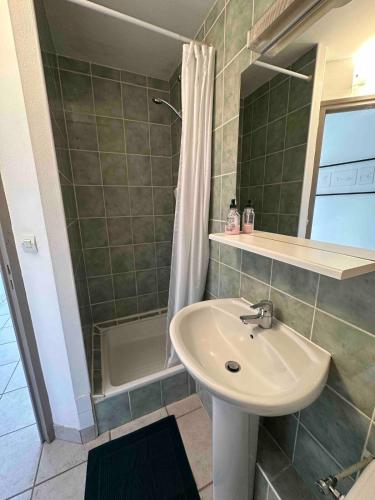 une salle de bain avec un lavabo et une douche dans l'établissement Studio lumineux avec terrasse à 200 m de la plage, à Dinard