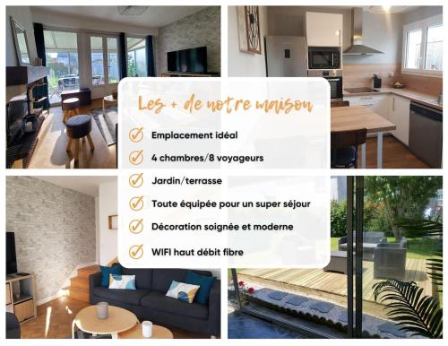 un collage de photos d'une cuisine et d'un salon dans l'établissement Charmante maison de ville avec jardin, à Guingamp