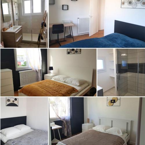 un collage de photos d'une chambre avec 2 lits dans l'établissement Charmante maison de ville avec jardin, à Guingamp