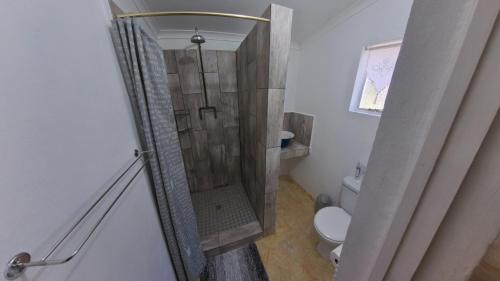 a small bathroom with a shower with a toilet at Berge toe - Spanspek se plek Farmstay in Bonnievale