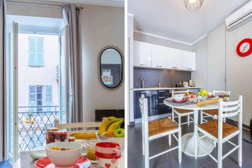 Il dispose d'une cuisine et d'un salon avec une table et une salle à manger. dans l'établissement PARADIS - Carré d’Or 1 room - Balcony Sea View, à Nice