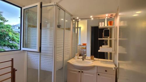a bathroom with a sink and a glass shower at T3 La Vieille Distillerie, Petit-Bourg in Petit-Bourg