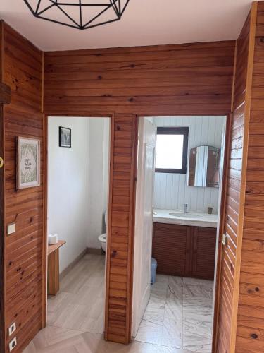 une salle de bain avec un lavabo, des toilettes et un miroir dans l'établissement Le Ruisseau, à Eugénie-les-Bains