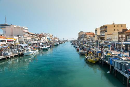 un groupe de bateaux amarrés dans un canal avec des bâtiments dans l'établissement Appartement Palavas-les-Flots, Front de mer, à Palavas-les-Flots