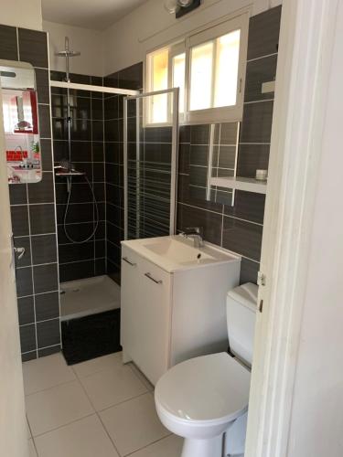 une salle de bain avec toilettes, lavabo et douche dans l'établissement Appartement Palavas-les-Flots, Front de mer, à Palavas-les-Flots