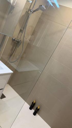 - une salle de bains pourvue d'une douche avec 2 bouteilles à l'étage dans l'établissement Escapade de rêve à Saint-Raphaël, à Saint-Raphaël