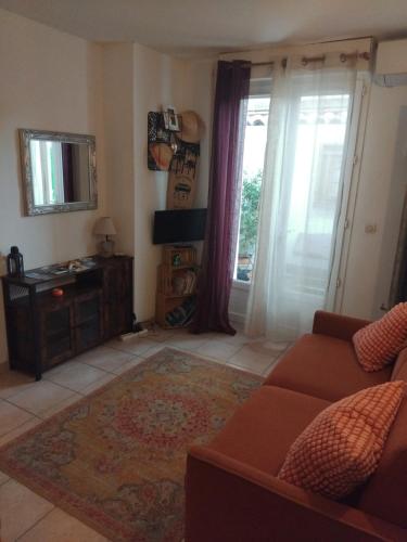 un salon avec un canapé et une télévision dans l'établissement Flamant rose - Studio climatisé avec terrasse, plage à 150 m, à Hyères