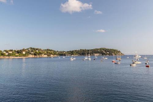 un groupe de bateaux flottant sur une grande étendue d'eau dans l'établissement MARINIÈRES - Incredible view over the Bay, à Villefranche-sur-Mer