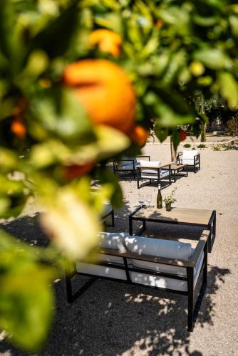 a group of tables and benches in a park at Hotel Boutique Làpety in Tarragona