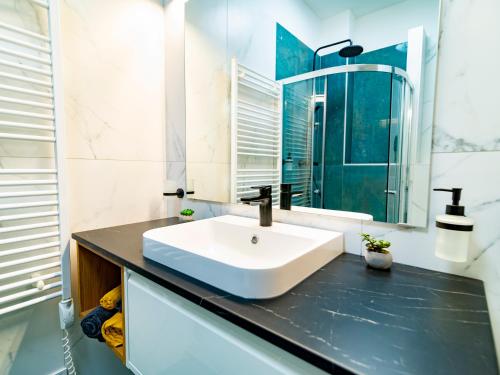 a bathroom with a white sink and a mirror at Feel Home CENTRAL SUPERIOR # AC # Elevator in Budapest