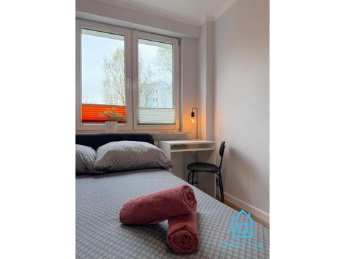 a bedroom with a bed with a window and a desk at Pink Panther Room 10 Min to Old Town Gdańsk,PKP & Shopping Mall in Gdańsk