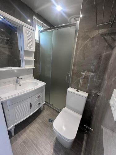 a bathroom with a toilet and a shower and a sink at Dionysia Studios in Kefalos