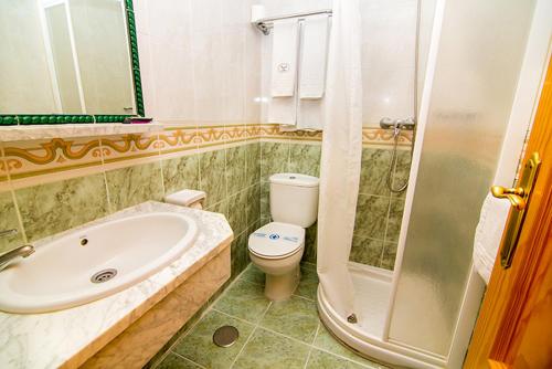 La salle de bains est pourvue de toilettes, d'un lavabo et d'une douche. dans l'établissement Hostal Los Corchos, à Fuengirola