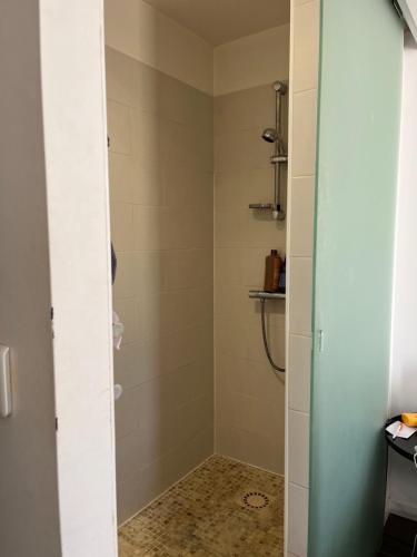 une douche avec une porte vitrée dans une salle de bain dans l'établissement Joli studio cosy, à Marseille