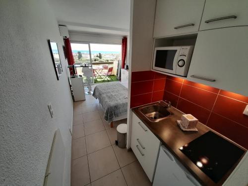une petite cuisine avec un évier et un micro-ondes dans l'établissement Studio Village Naturiste Pina Colada, au Cap d'Agde