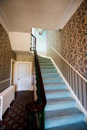 a staircase in a house with blue and white carpet at Charming 18th Century property in Topcliffe Station