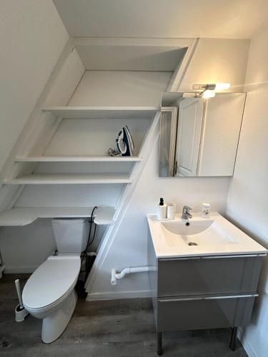 une salle de bain avec des toilettes blanches et un lavabo dans l'établissement Le Théâtre - Hyper Centre, à Arras