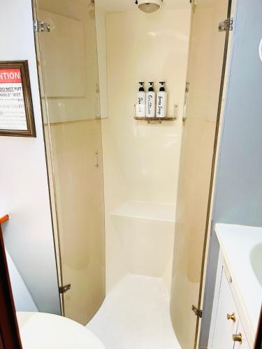 a bathroom with a shower with two bottles ofodorizers at Keys Livin - Yacht Rental in Key West