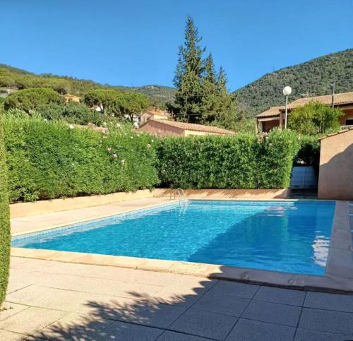 - une piscine dans une cour avec une haie dans l'établissement Les Terrasses de Cavald'Or - T2 with pool, au Lavandou