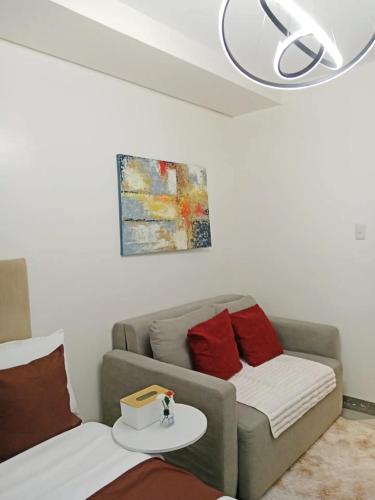 a living room with a couch and red pillows at Studio 7 Residential Building in Manila