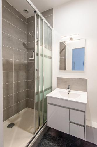 une salle de bain avec un lavabo et une douche dans l'établissement Karijini Apartment 1 bedroom - City Center - Poitiers, à Poitiers