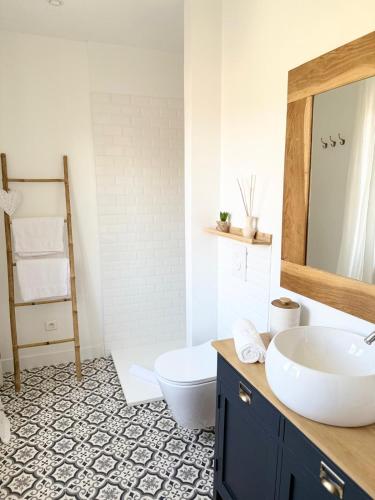 une salle de bain avec des toilettes blanches et un lavabo dans l'établissement Le Clos Notre Dame hôtel particulier hypercentre Poitiers, à Poitiers