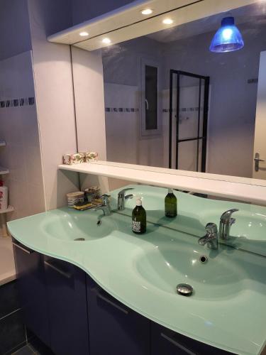 une salle de bain avec un lavabo vert et un miroir dans l'établissement T4 90 m2, Terrasse et jardin privé 100m2, à Toulouse