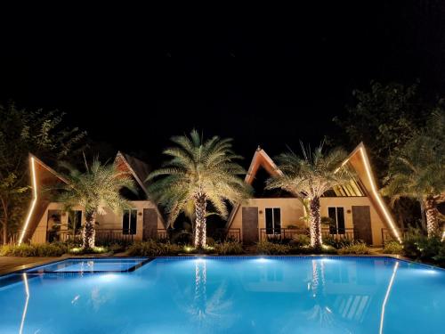 a house with palm trees in front of it at night at Birds Nest Resort in Kinlivli