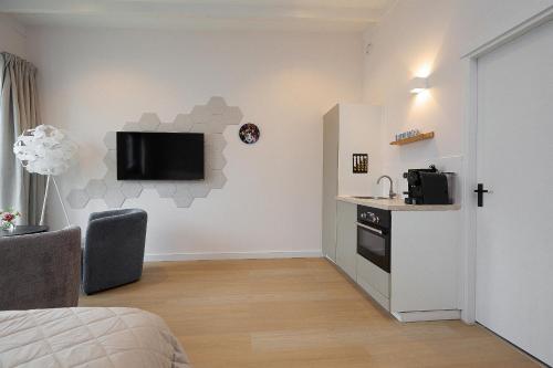 un soggiorno con cucina e lavandino di Tulip Lodges a Voorhout