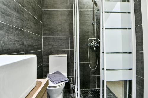 a bathroom with a shower and a toilet at City Center Flat with Terrace (Capparis) in Athens