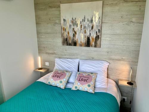 une chambre avec un lit avec deux oreillers dessus dans l'établissement Holidays YourHostHelper, à Cannes