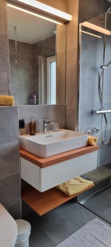 a bathroom with a sink and a mirror at BellaRosa in Emmetten