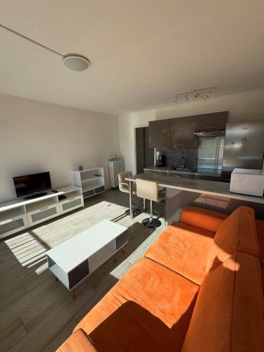un salon avec un canapé orange et une cuisine dans l'établissement Studio ideal pour les vacances, à Roquebrune-Cap-Martin