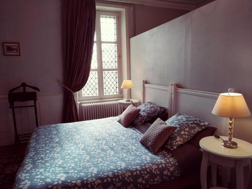 a bedroom with a blue bed with pillows and a window at Château de Bellevue in Sainte-Cécile