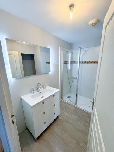 une salle de bain blanche avec un lavabo et une douche dans l'établissement Maison 3 chambres, Agen centre, climatisé, 6 personnes, à Agen